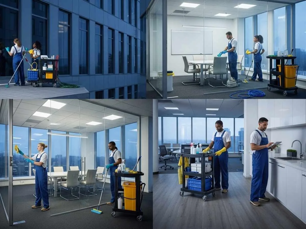Professional cleaners coordinating an after-hours deep cleaning across multiple areas of a large office building.