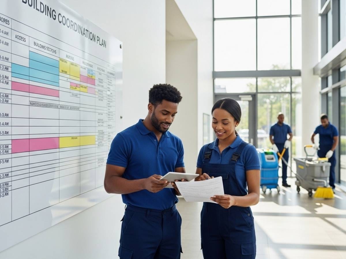 Facilities manager and cleaning supervisor reviewing a coordinated building cleaning schedule plan in a modern office environment.