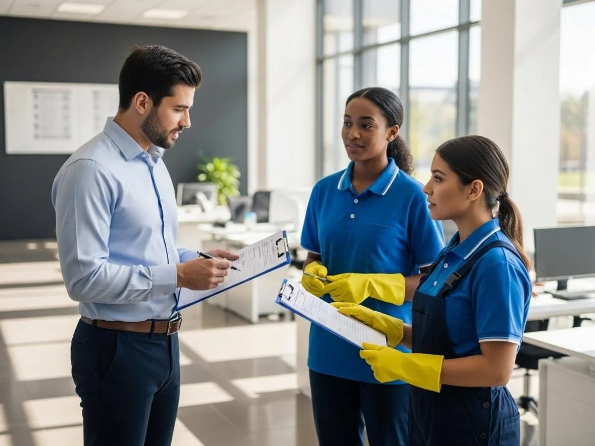 Facility manager and cleaning supervisor reviewing a detailed office cleaning checklist in a modern workplace.