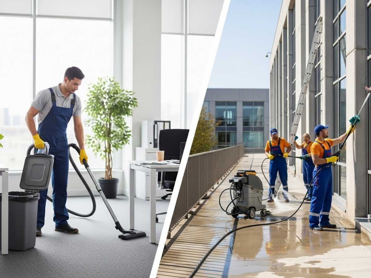 Side-by-side scene showing daily janitorial office cleaning compared with intensive commercial deep cleaning using industrial equipment.