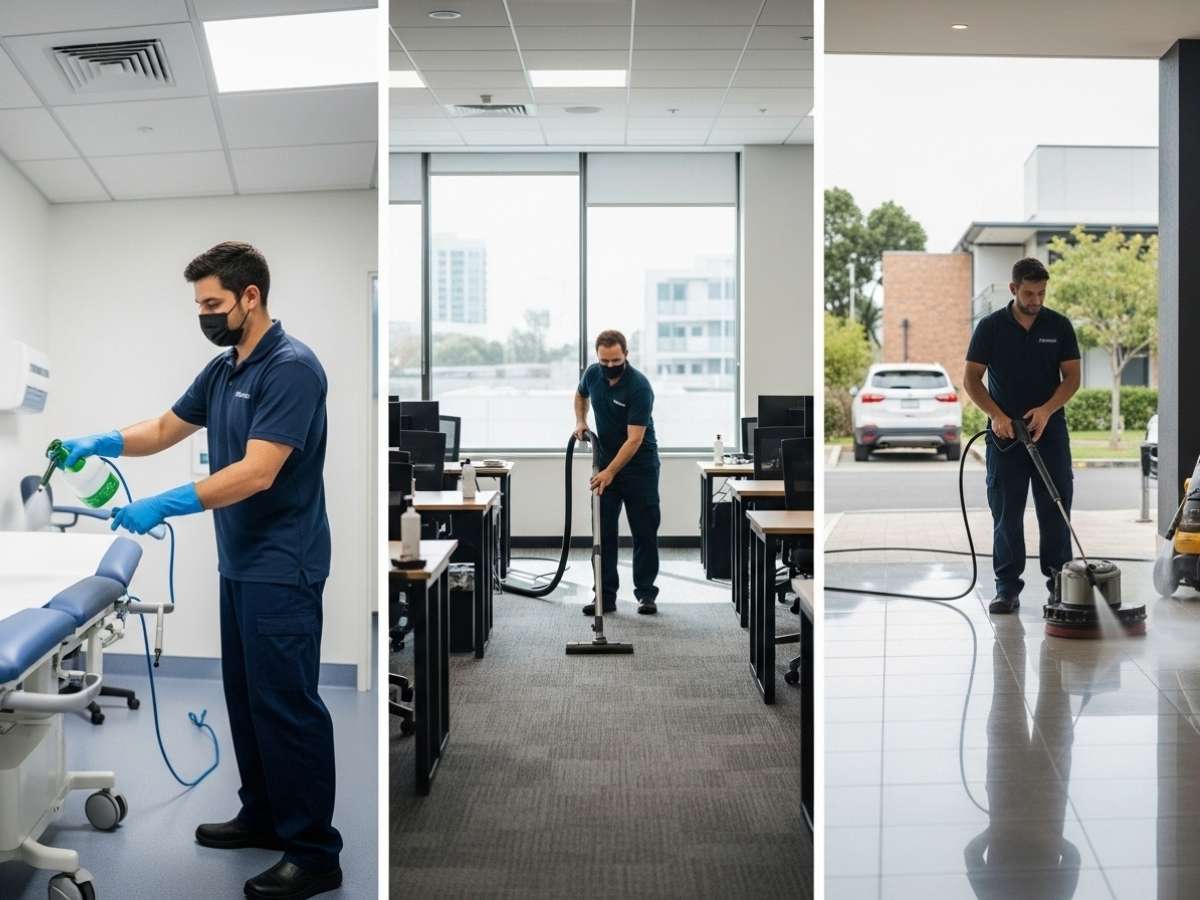 Cleaning staff performing janitorial and commercial cleaning tasks across healthcare, office, and strata building environments.