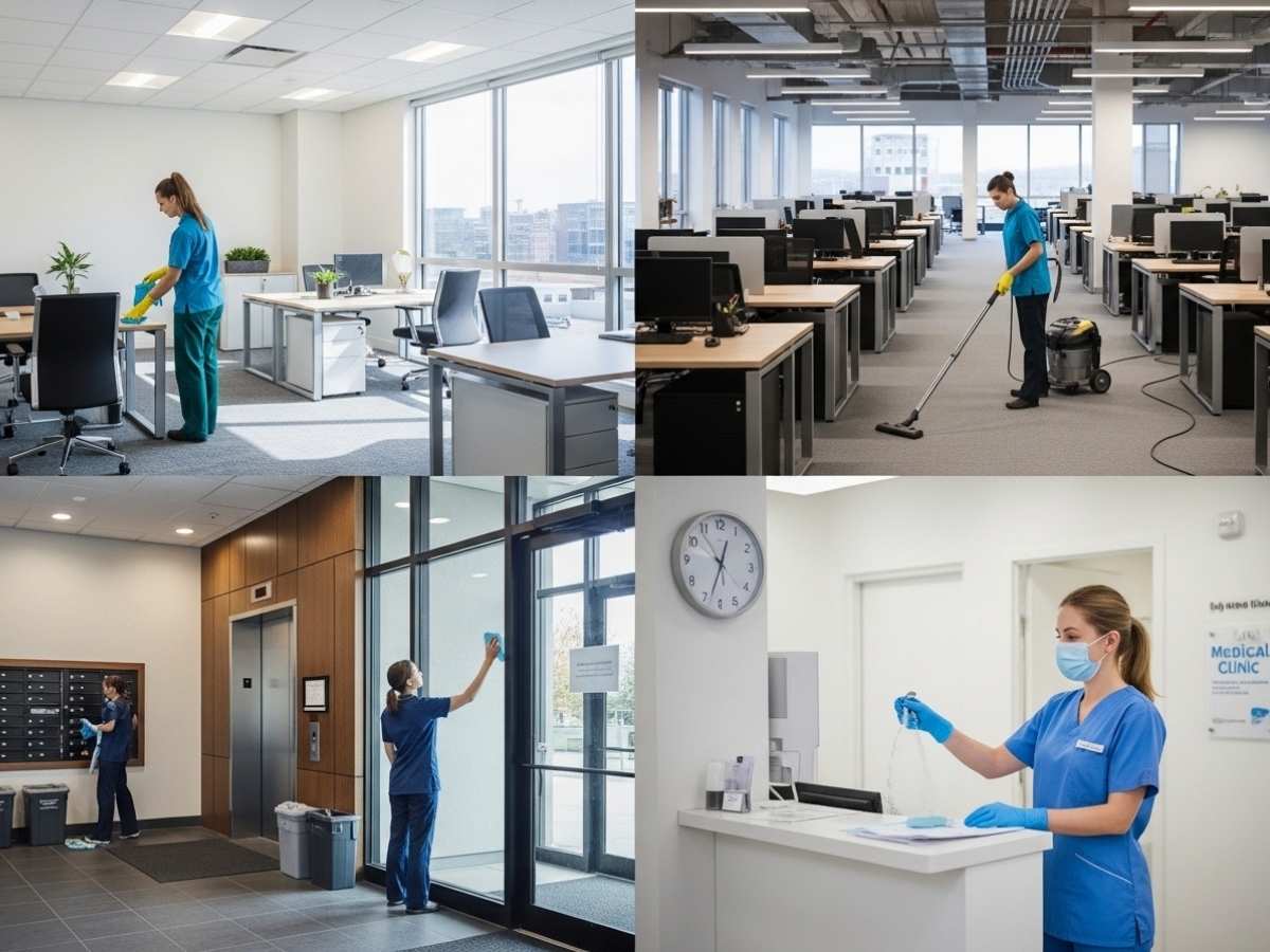 Comparison scene showing cleaners maintaining a general office, commercial workspace, apartment lobby, and medical clinic to illustrate different cleaning frequency needs.