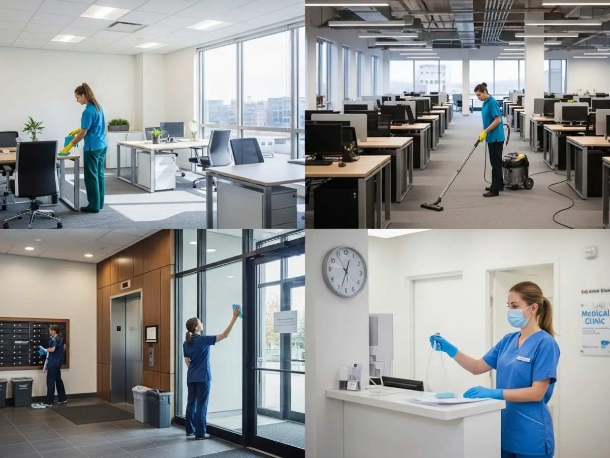 Comparison scene showing cleaners maintaining a general office, commercial workspace, apartment lobby, and medical clinic to illustrate different cleaning frequency needs.
