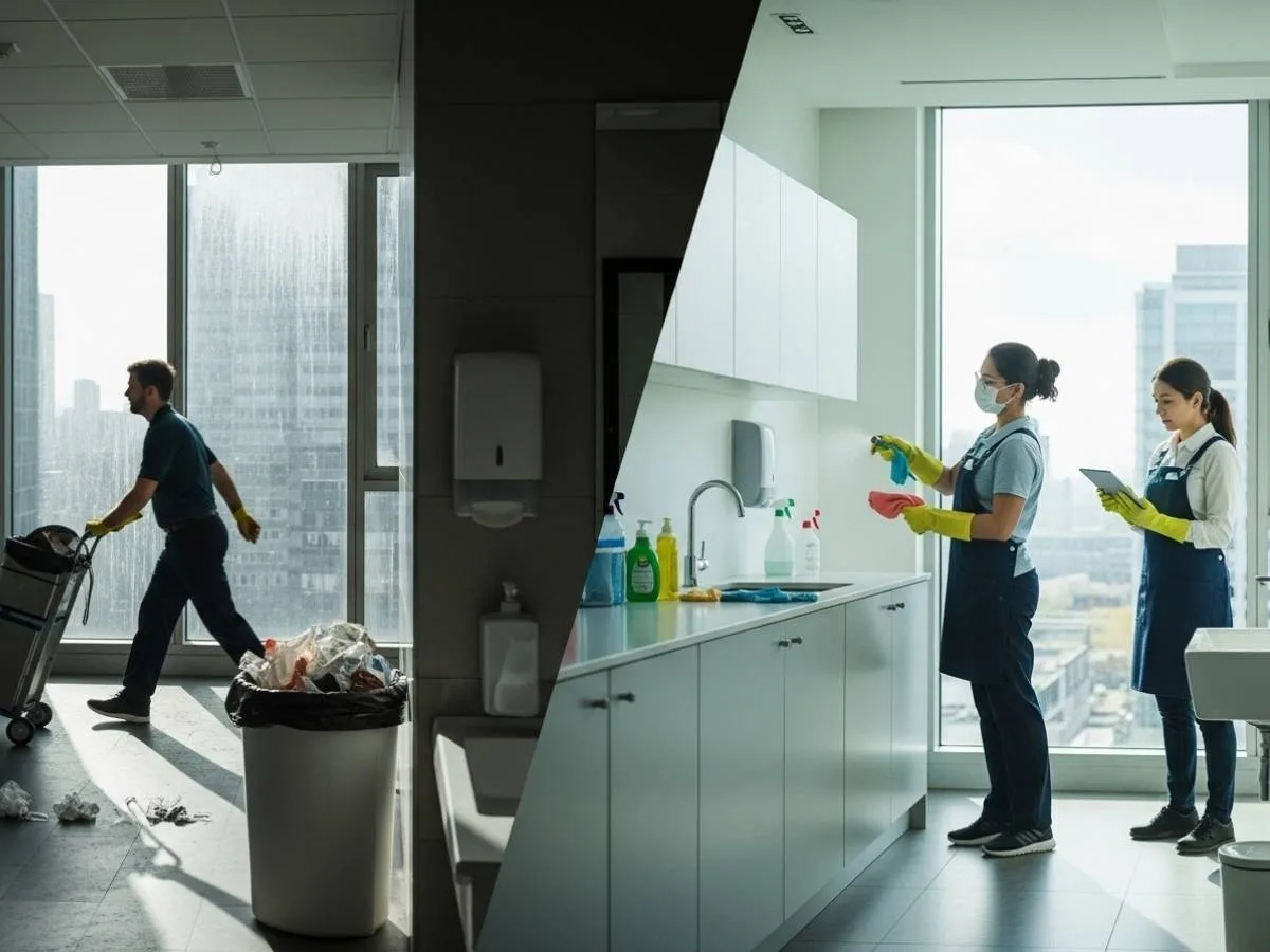 Split-scene comparison of poor versus professional office cleaning standards in a commercial workspace.