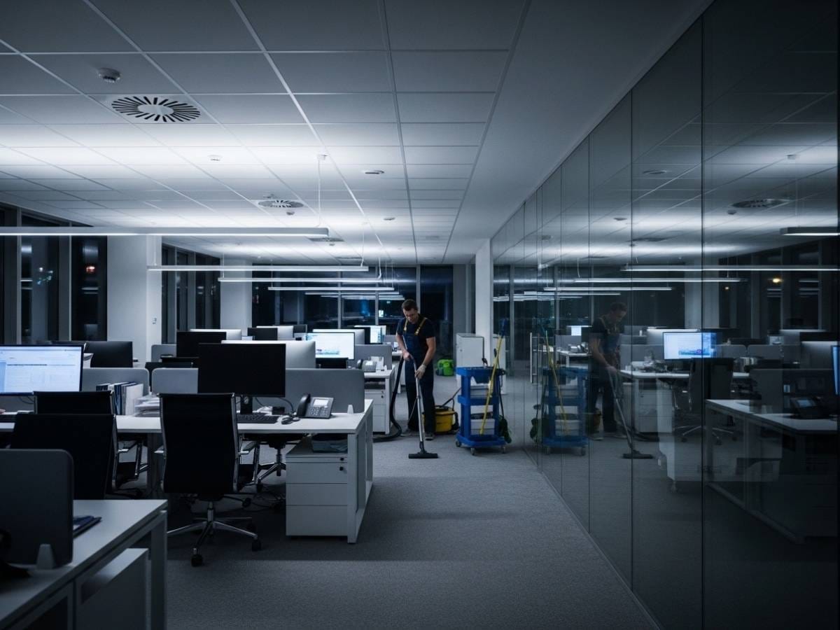Professional cleaner vacuuming a quiet office workspace at night after business hours.
