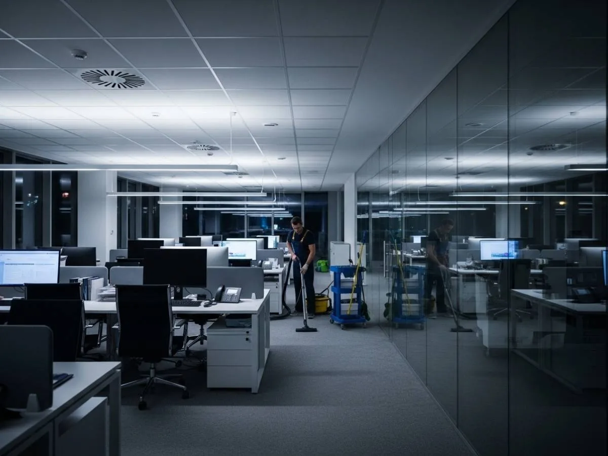 Professional cleaner vacuuming a quiet office workspace at night after business hours.