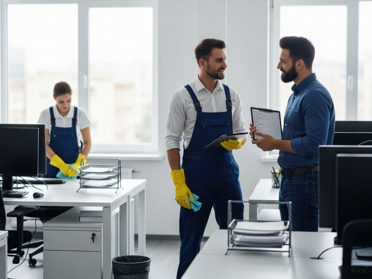 Office cleaning supervisor discussing cleaning standards with a facility manager while a cleaner works in the background.