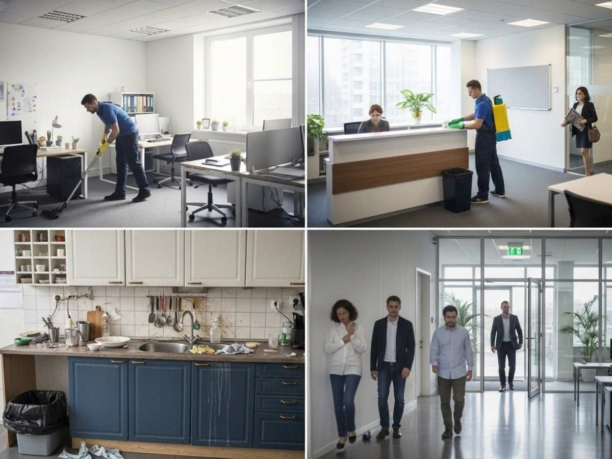 Untidy office kitchen and workspace showing the consequences of poor commercial cleaning and hygiene neglect.