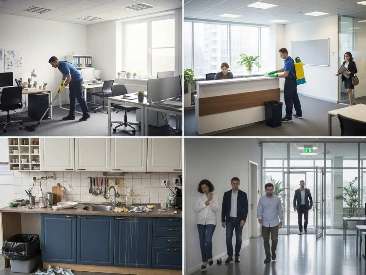Untidy office kitchen and workspace showing the consequences of poor commercial cleaning and hygiene neglect.