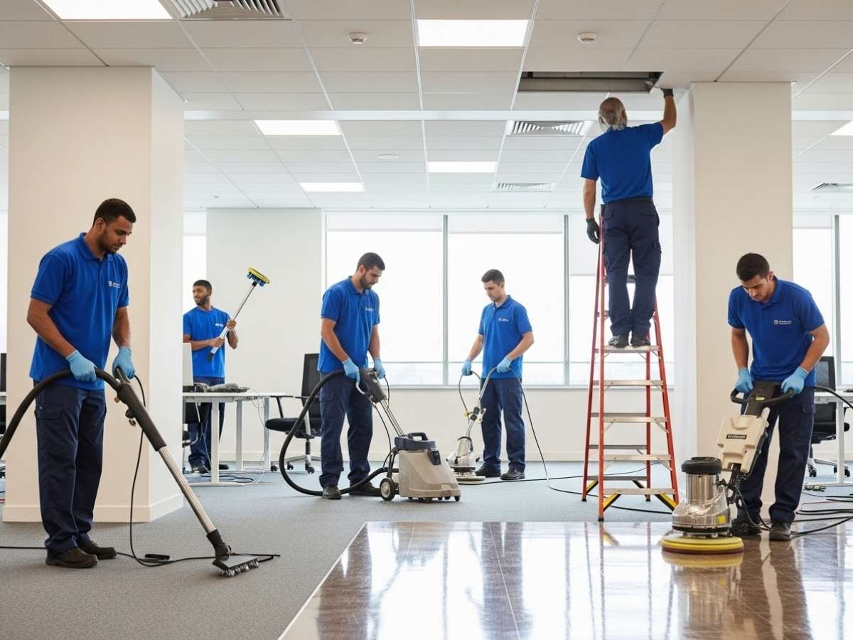 Commercial cleaning team performing specialized services like carpet steam cleaning, floor polishing, and high-level dusting in a modern office building.