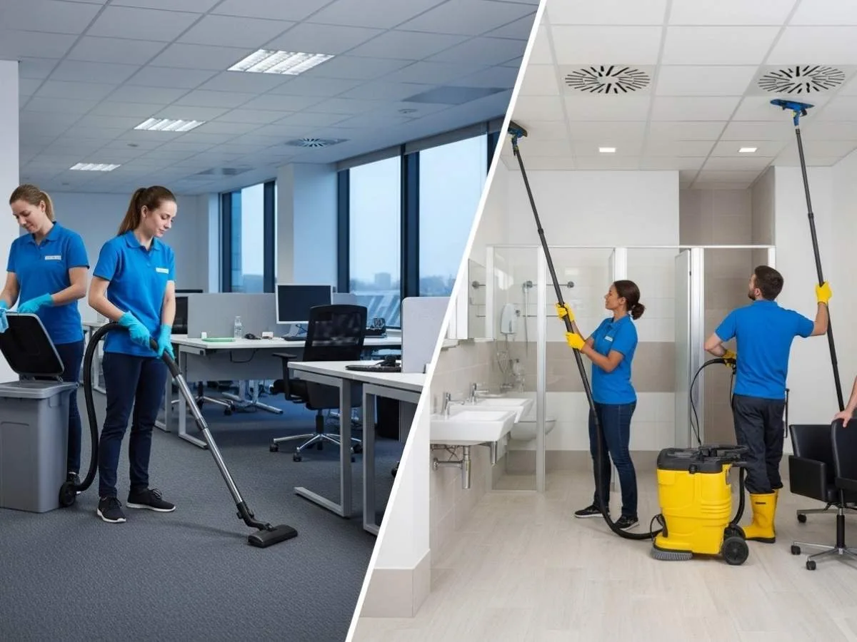 Side-by-side comparison of regular office cleaning tasks and intensive deep cleaning services in a modern workplace.
