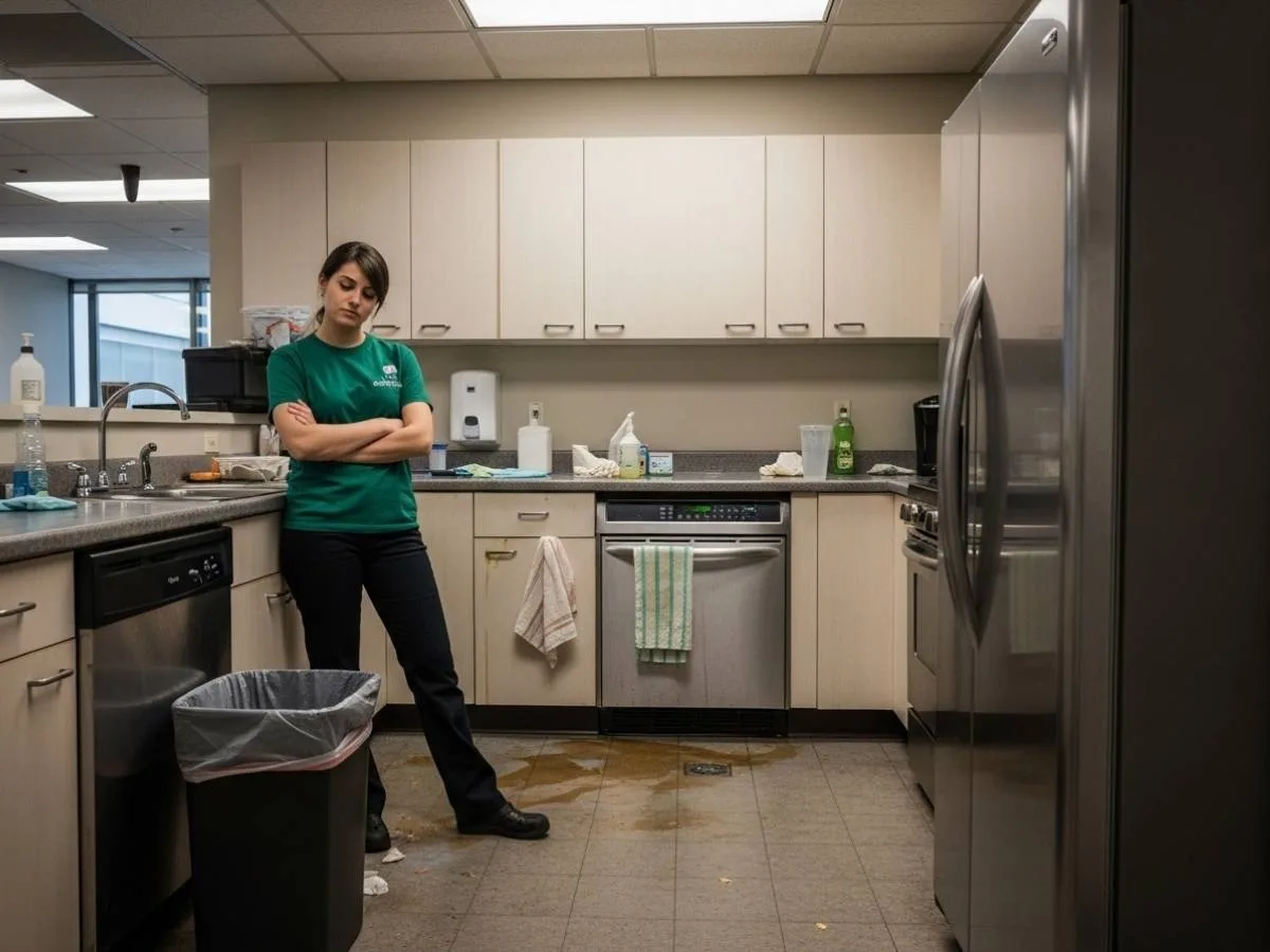 Untidy shared office kitchen with overflowing bin and visible grime indicating an insufficient cleaning schedule.