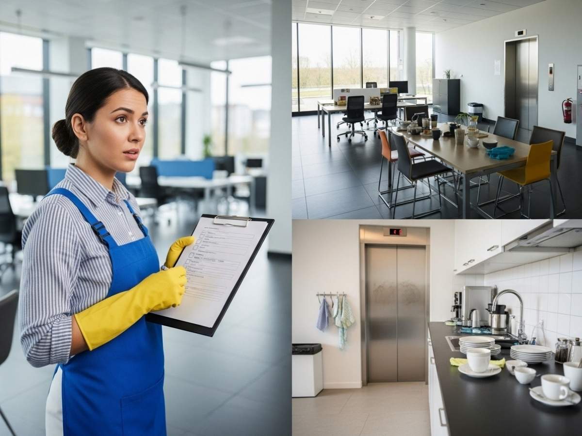 Professional cleaner reviewing a cleaning checklist in an office showing inconsistencies between over-cleaned and under-serviced areas.