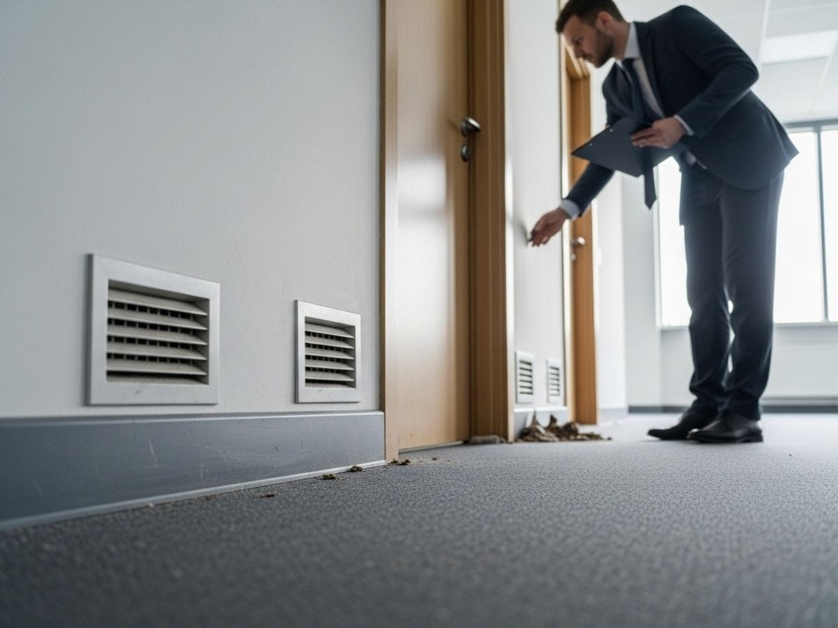 Facilities manager inspecting dusty skirting boards, vents, and wall edges in an office to assess cleaning and maintenance standards.