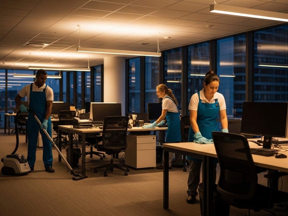 Commercial cleaning team quietly maintaining a modern office workspace after hours using low-noise equipment.