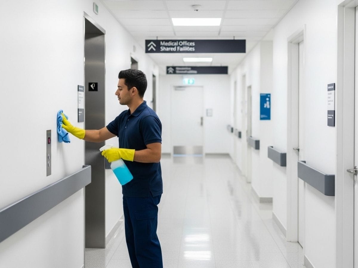 Professional cleaner disinfecting high-touch surfaces in a modern medical or multi-tenant building corridor.