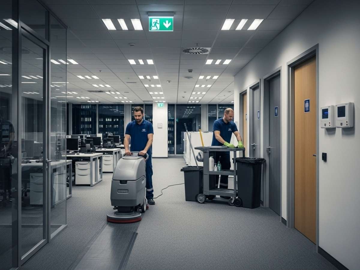 Two commercial office cleaners working together at night to complete cleaning tasks efficiently in a large corporate workspace.