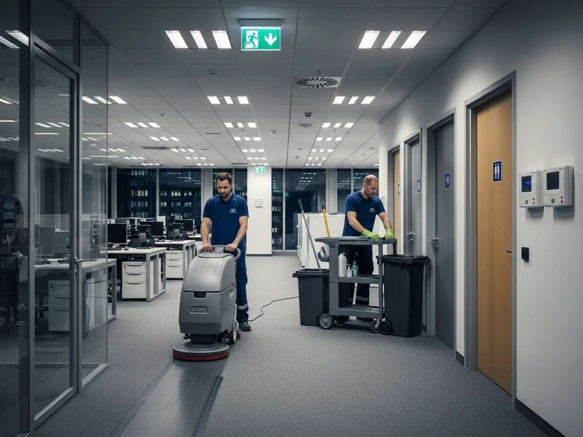 Two commercial office cleaners working together at night to complete cleaning tasks efficiently in a large corporate workspace.