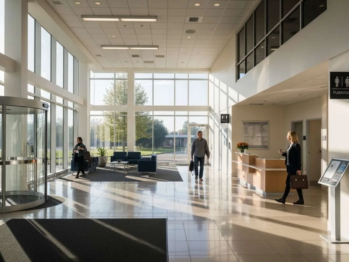Freshly cleaned commercial building lobby prepared for early morning arrivals and high foot traffic.