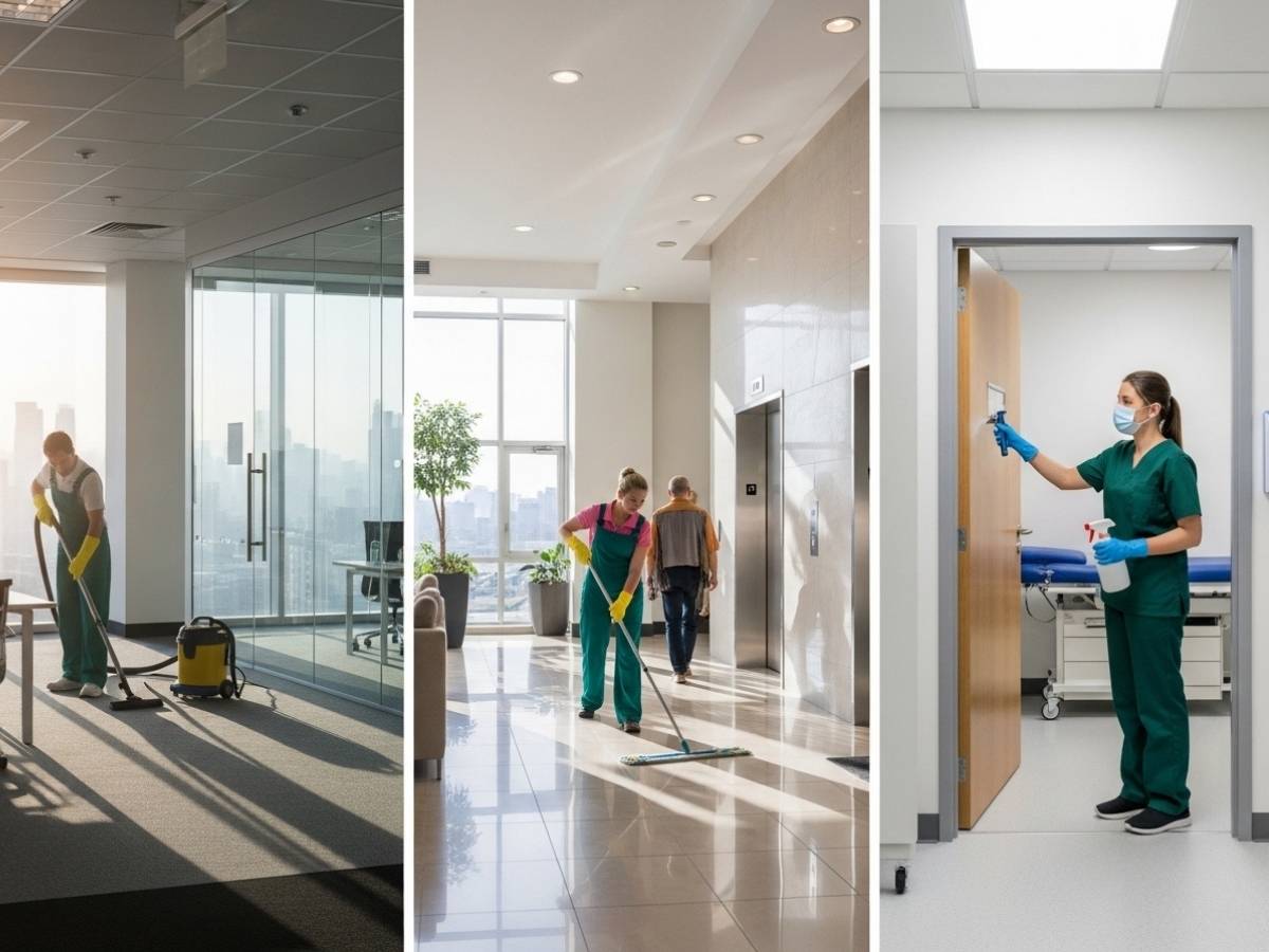 Professional cleaners working quietly in a corporate office, strata building lobby, and medical centre to minimise disruption during scheduled cleaning routines.
