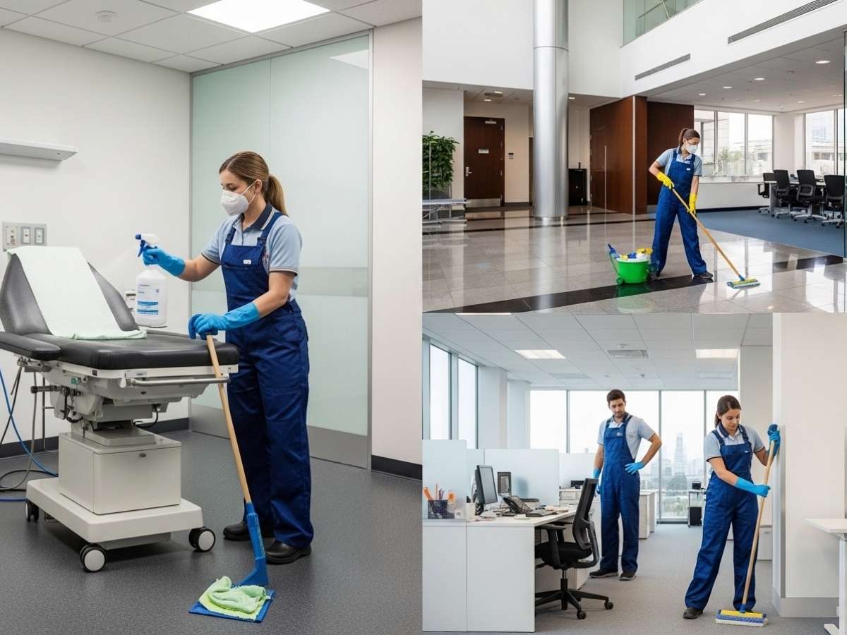 Commercial cleaning professionals servicing medical offices, strata buildings, and corporate workplaces with specialized cleaning standards.