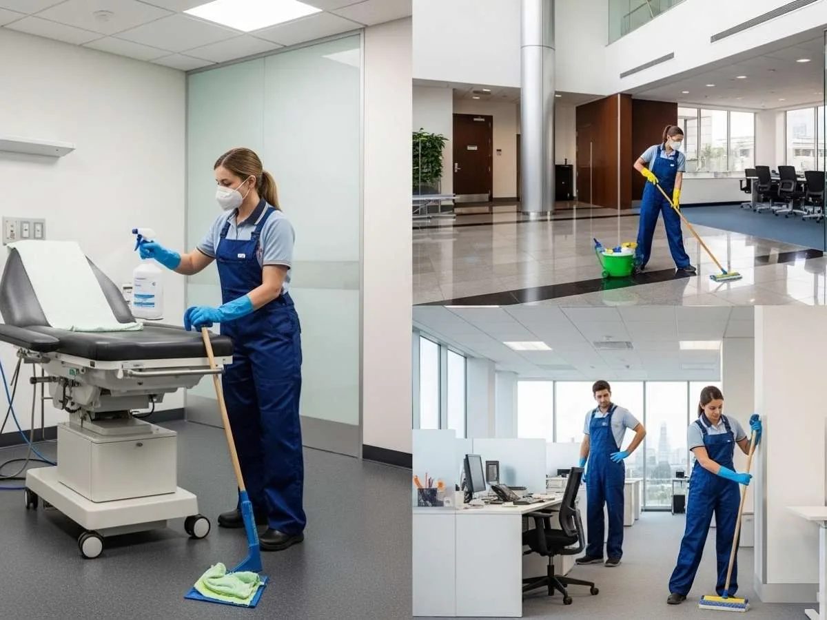Commercial cleaning professionals servicing medical offices, strata buildings, and corporate workplaces with specialized cleaning standards.