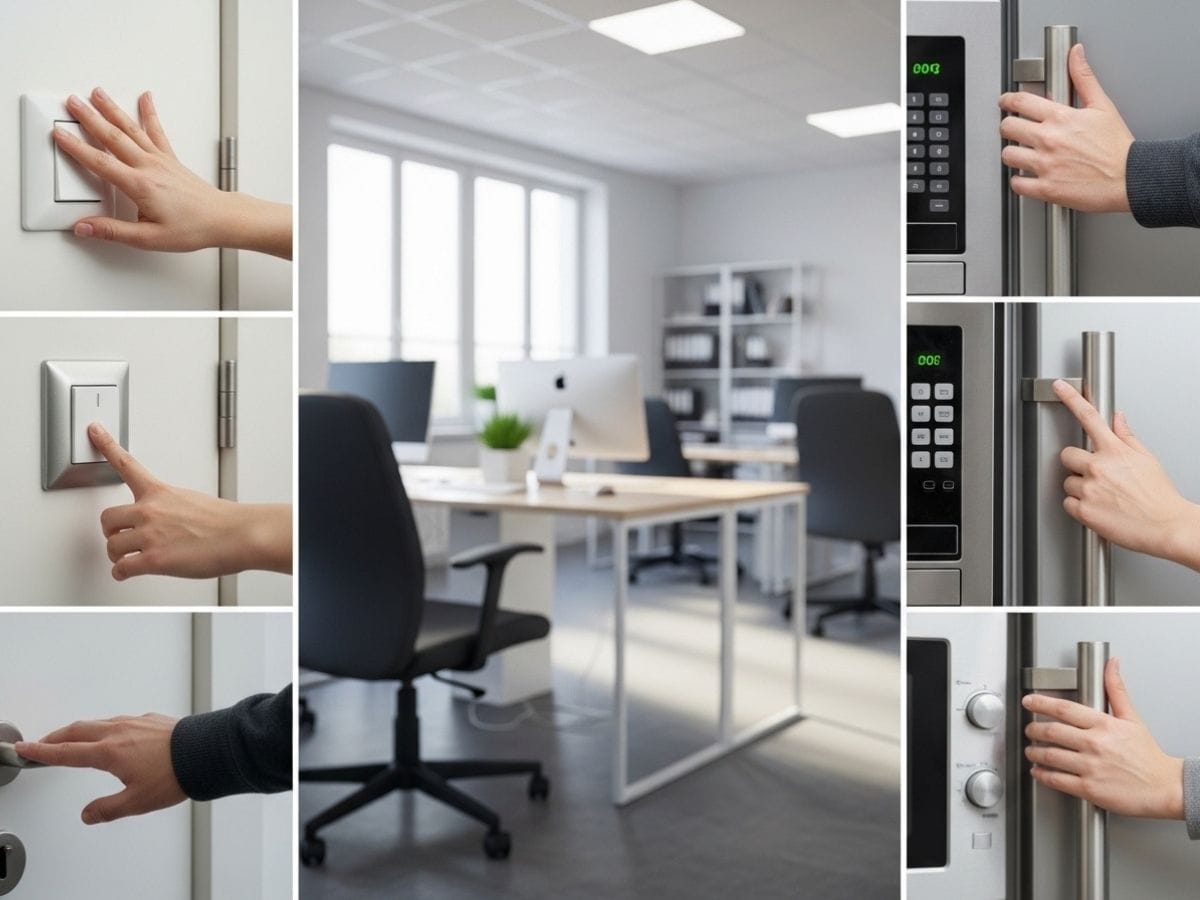 Overlooked high-touch office surfaces like light switches, chair arms, and kitchen appliance handles that affect workplace hygiene.