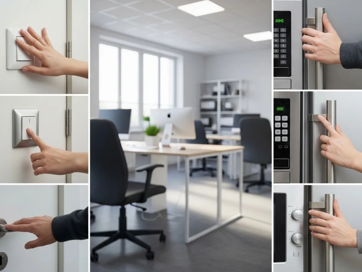 Overlooked high-touch office surfaces like light switches, chair arms, and kitchen appliance handles that affect workplace hygiene.