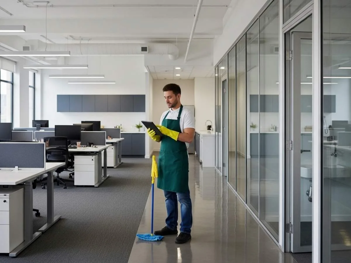 Professional cleaner assessing different office areas including open-plan desks, glass partitions, bathrooms, and kitchen spaces.