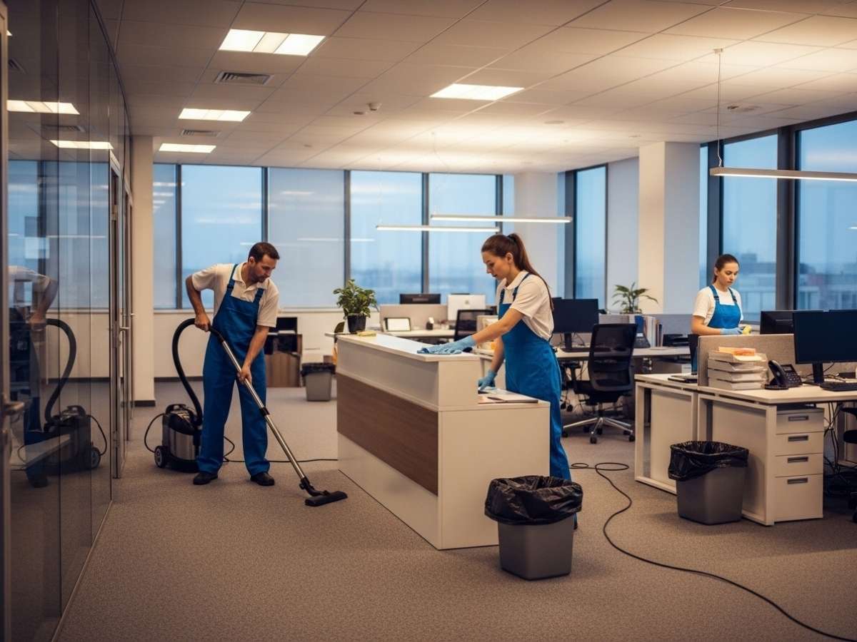Professional cleaner vacuuming and wiping surfaces in a modern office reception and workspace during routine office cleaning.