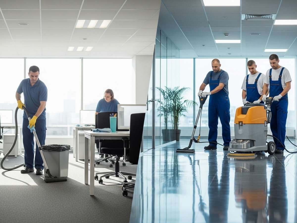 Side-by-side comparison of routine janitorial cleaning and intensive commercial cleaning inside an office building.
