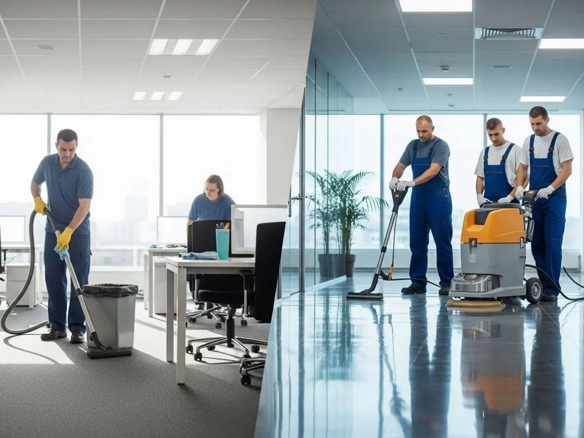 Side-by-side comparison of routine janitorial cleaning and intensive commercial cleaning inside an office building.