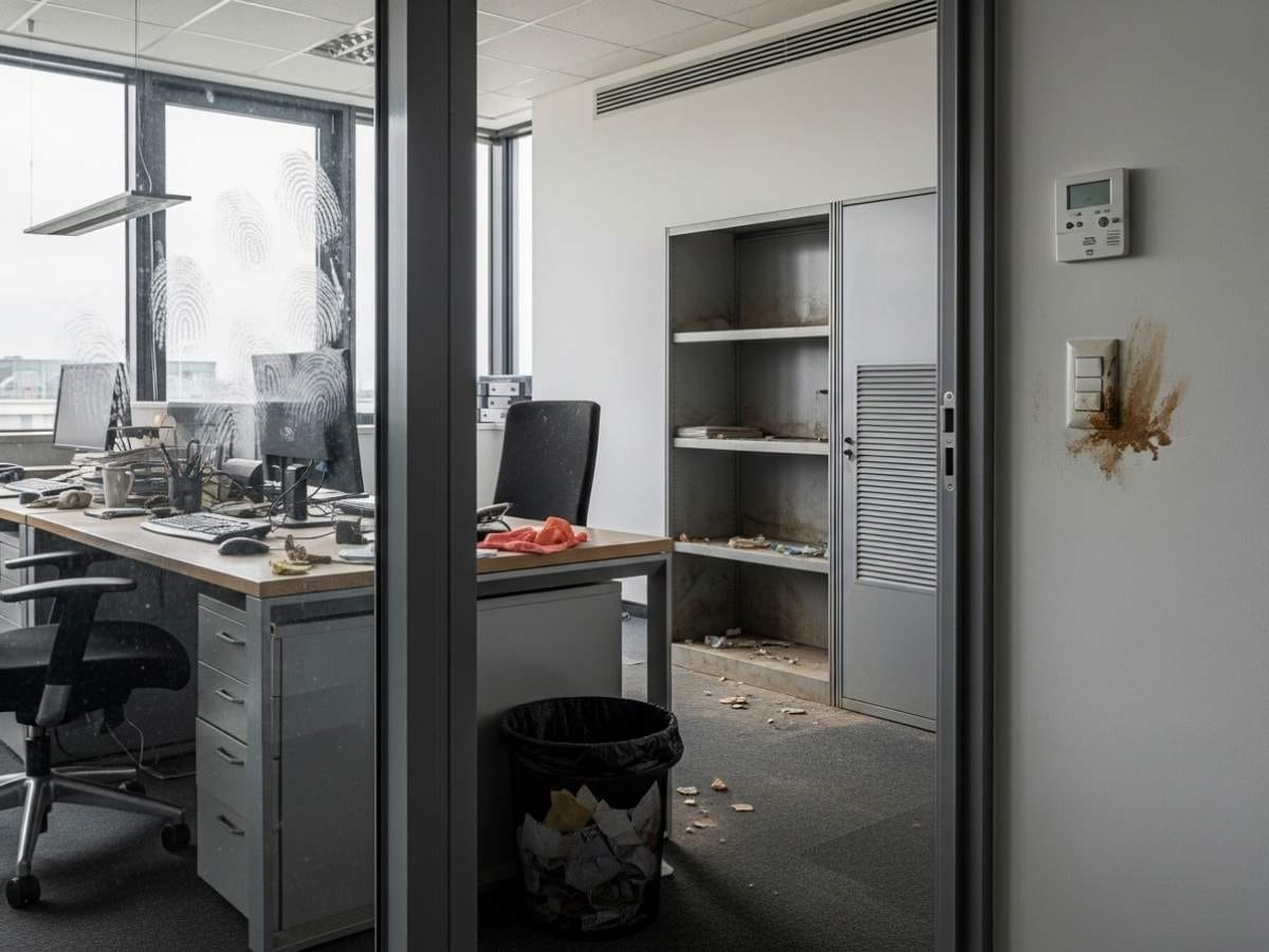 Office workspace showing visible dust, fingerprints on glass, and an overflowing trash bin indicating poor cleaning standards.