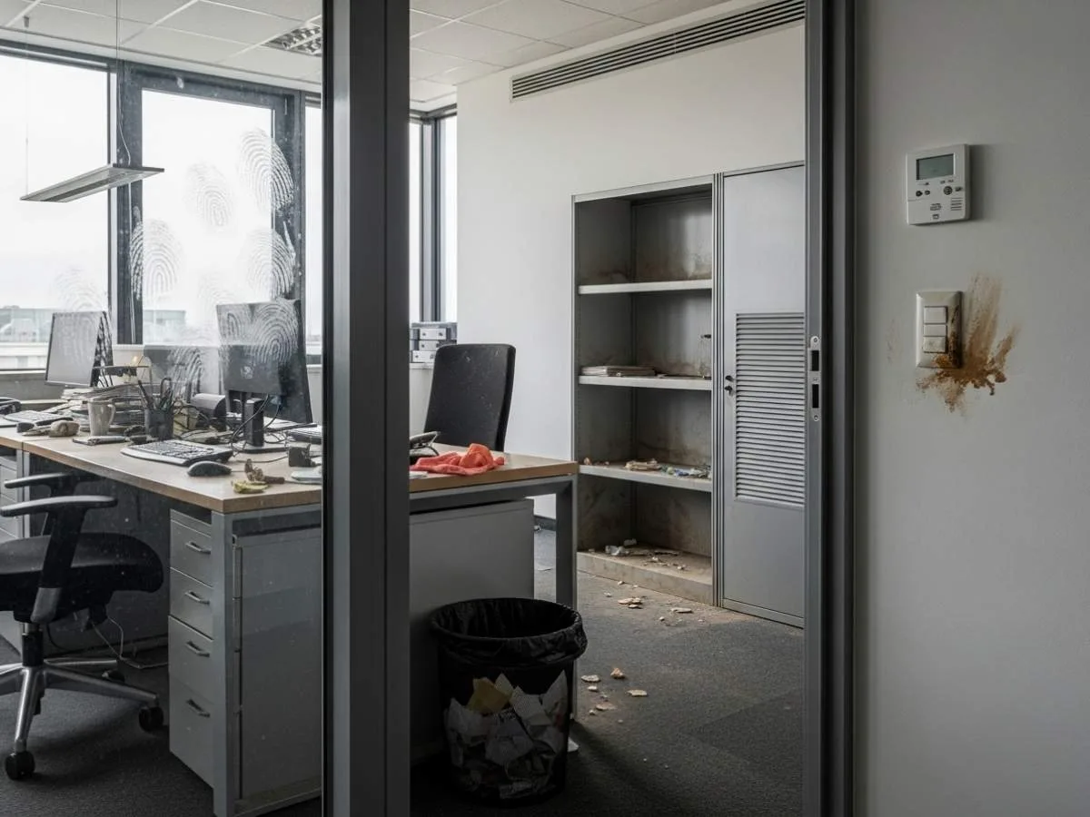 Office workspace showing visible dust, fingerprints on glass, and an overflowing trash bin indicating poor cleaning standards.