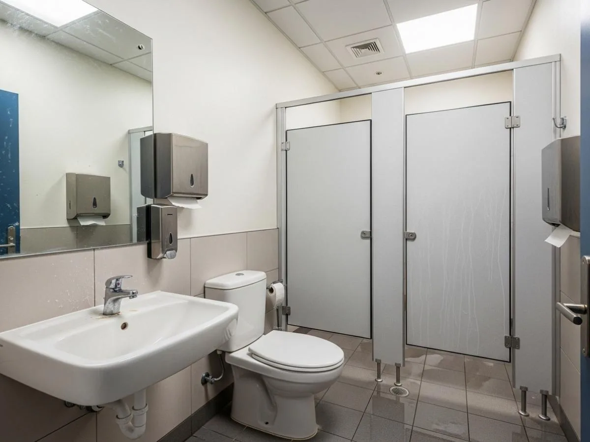 Office washroom that looks clean but shows fingerprints, water scale, and an empty paper towel dispenser.