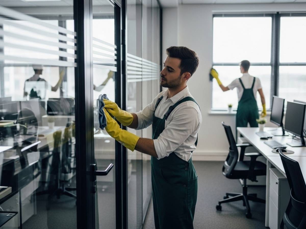 Office cleaner polishing glass doors and dusting surfaces during weekly workplace cleaning tasks.