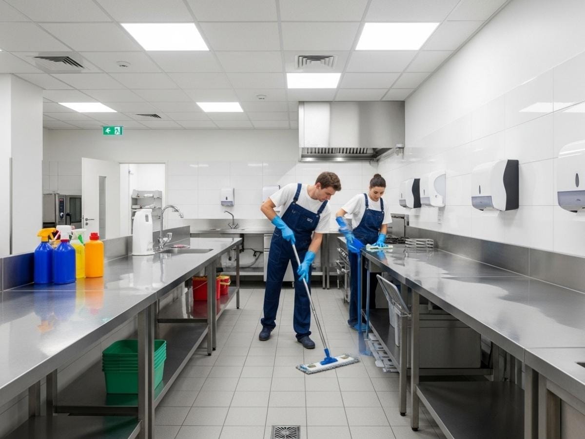 Professional cleaner maintaining hygiene standards in a modern office kitchen with disinfecting and polishing tasks underway.
