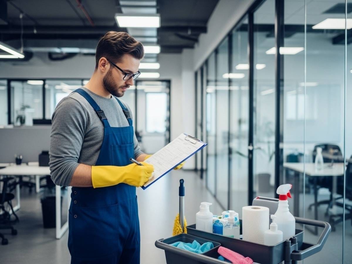 Commercial cleaner reviewing checklist in modern office, showing factors that influence cleaning costs and service scope.