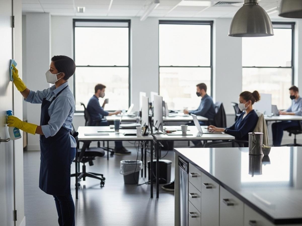 Cleaner sanitizing high-touch surfaces in a modern office while employees work nearby.