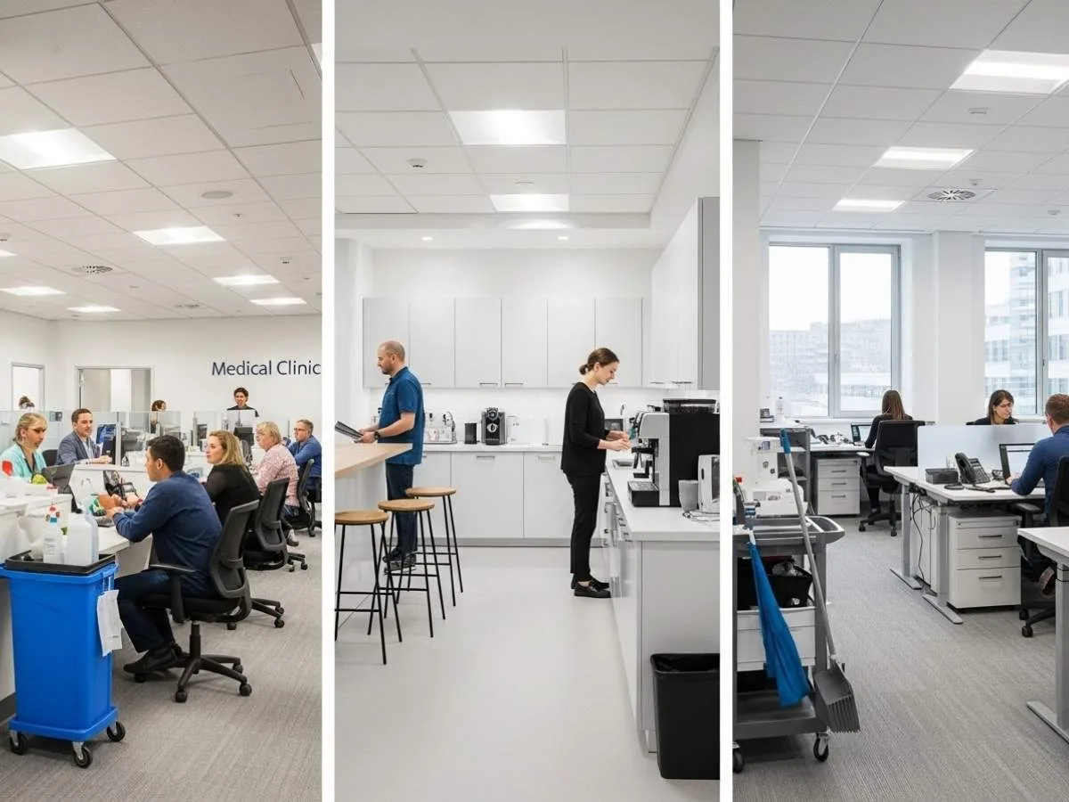 Different office environments showing varying foot traffic levels that influence how often workplaces need cleaning.