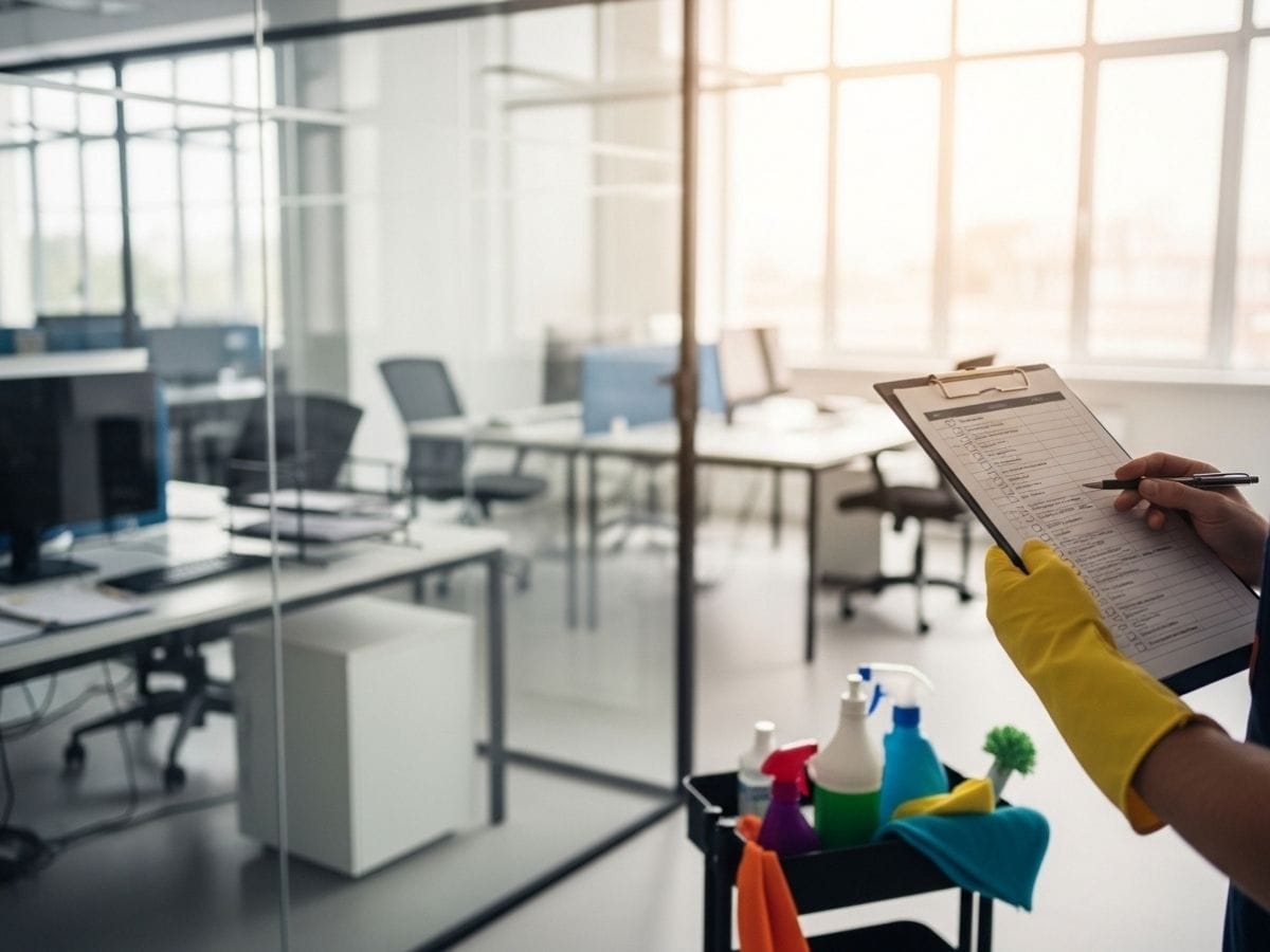 Professional office cleaner checking a cleaning checklist in a modern, tidy office workspace.