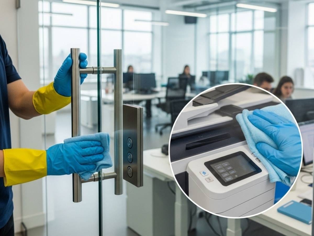 Professional cleaner disinfecting high-touch surfaces like door handles, desks, and office equipment in a modern workplace.