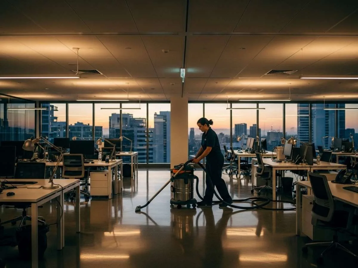 Commercial cleaner working in a modern Australian office space, illustrating per square metre cleaning costs.