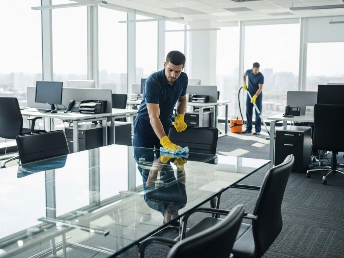 Professional cleaners maintaining a modern office workspace with vacuuming and surface cleaning.