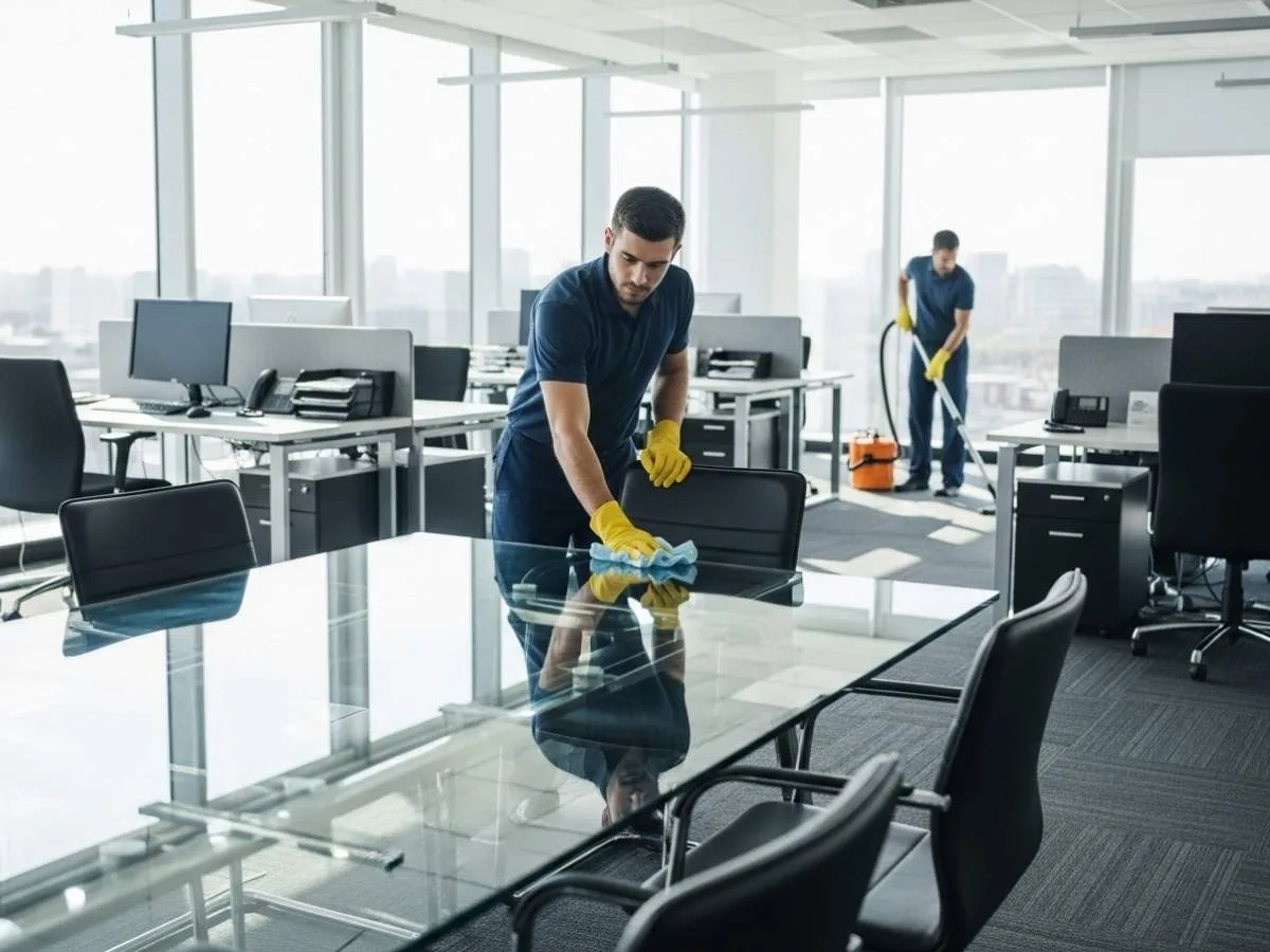 Professional cleaners maintaining a modern office workspace with vacuuming and surface cleaning.