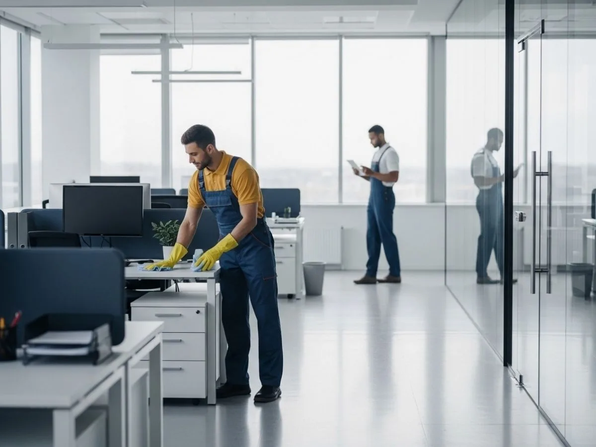 Professional commercial cleaner maintaining a spotless modern office workspace with consistent daily cleaning standards.