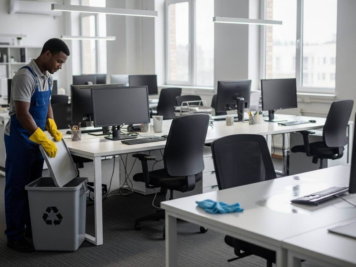 Professional office cleaner emptying bins and wiping desks in a clean, modern workplace.