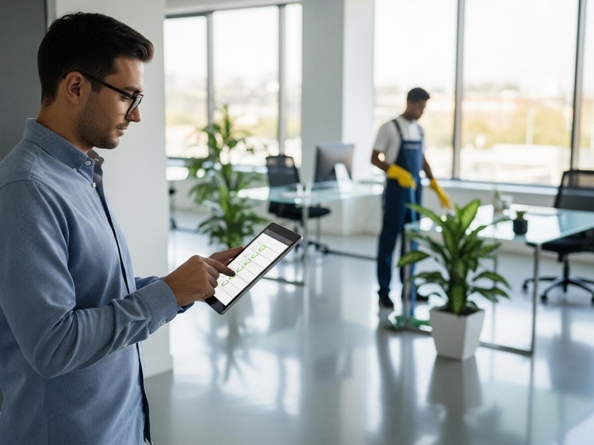 Office manager reviewing a digital cleaning service checklist while a professional cleaner works in a modern office.