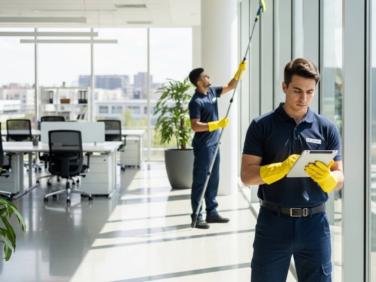 Professional commercial cleaners reviewing a checklist while cleaning a modern office interior with large windows.