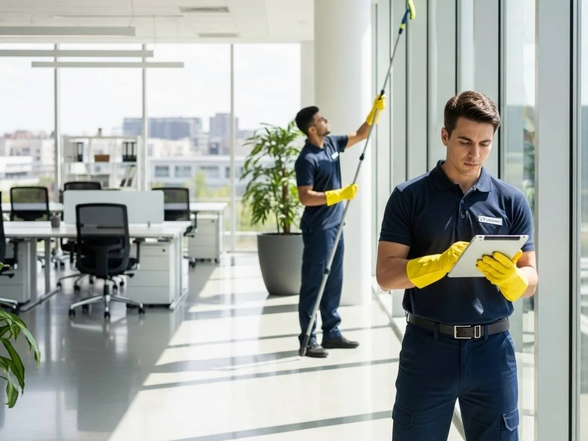 Professional commercial cleaners reviewing a checklist while cleaning a modern office interior with large windows.